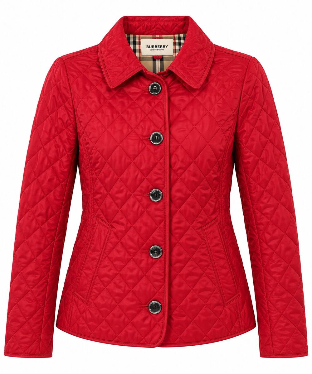 Burberry Copford Red Diamond Quilted Nova Check Lined Jacket Coat Size XS